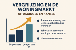 Infographic toont toename van 65-plussers ten opzichte van jongeren en benoemt drie gevolgen voor de woningmarkt: vraag naar levensloopbestendige woningen, tekort aan seniorenwoningen en opkomst van nieuwe woonvormen.