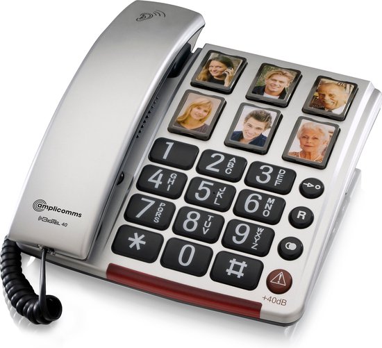 Amplicomms BT40 Zilver huistelefoon vaste lijn met foto toetsen - optisch bel signaal - instelbaar luide gespreksvolume - instelbaar luide bel signaal