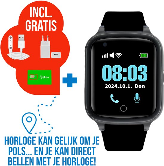 Wiesba WB73S - GPS Horloge Senior - Smartwatch voor Ouderen - Persoonlijke alarmen - alarm horloge ouderen - GPS Horloge Alzheimer - Valdetectie - Zwart