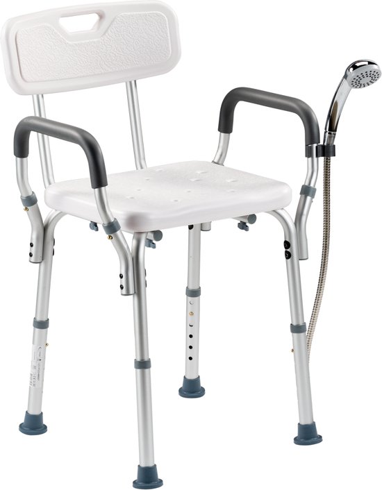 Douchestoel met afneembare armsteunen en douchekophouder - Anti-slip structuur - Lichtgewicht en in hoogte verstelbaar - Douchekruk