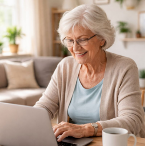 Senioren laptop in gebruik: oudere vrouw glimlacht terwijl ze op de laptop werkt.