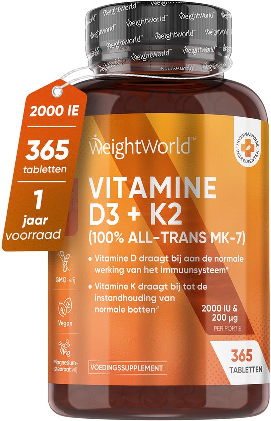 Vitamine D3 + K2 (MK-7) tabletten - 2000 IE + 200mcg - 365 tabletten voor 1 jaar voorraad - Vitamine D supplement van WeightWorld