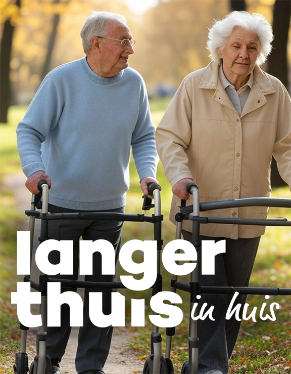 Twee senioren met rollators lopend door bosrijke omgeving