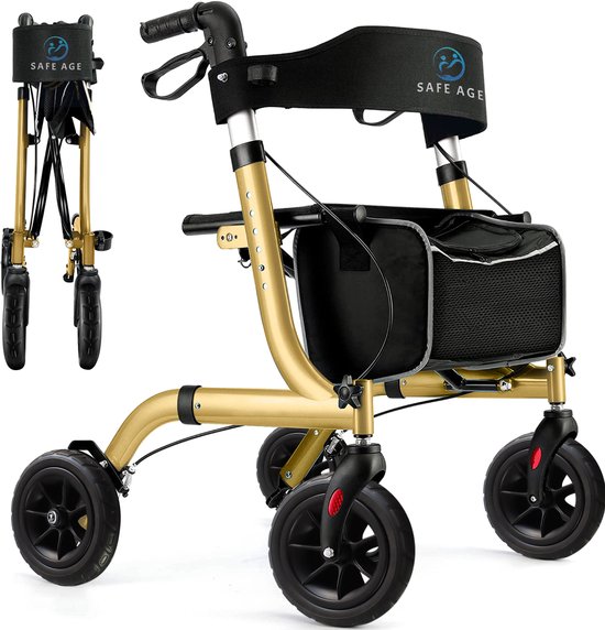 Safe Age® Rollator lichtgewicht en opvouwbaar - zitfunctie - voor binnen en buiten - Rugleuning en wandelstok houder - Goud