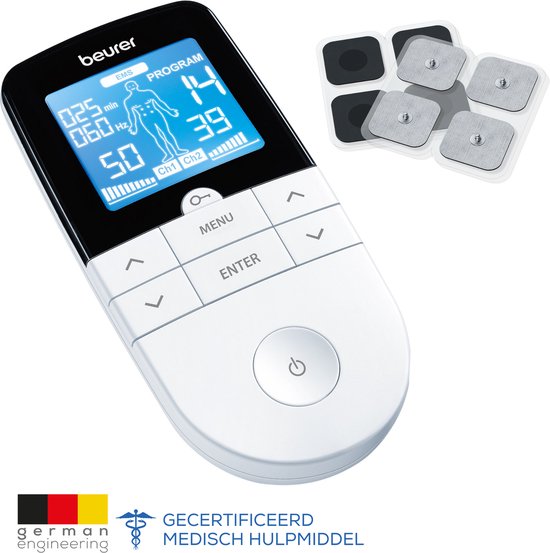 Beurer EM 49 - TENS & EMS trainer - 3 in 1 Pijntherapie, Spierstimulatie & Massage Apparaat - 4 zelfklevende Elektroden voor Lichaamseigen Impulsen - Incl. 70 programma's