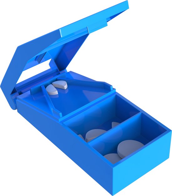 GEASY Pillensnijder - Pillendoos met Pillensnijder - Pillendoosje met scherp mesje van roestvrij staal - Blauw - Pillenvergruizer