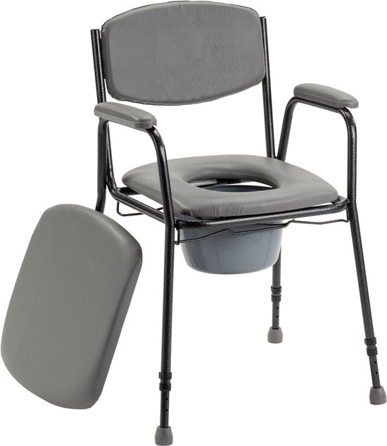 In hoogte verstelbare toiletstoel / postoel / WC stoel met zachte zitting. Tot 130 kg belastbaar.