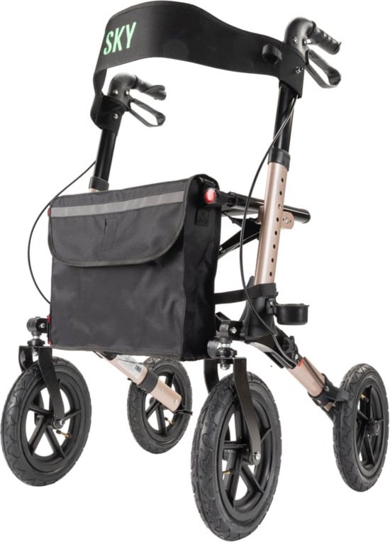 Sky Air Champagne - Lichtgewicht Outdoor rollator met grote luchtbanden - Dubbel opvouwbaar - Met stokhouder, tas en rugband