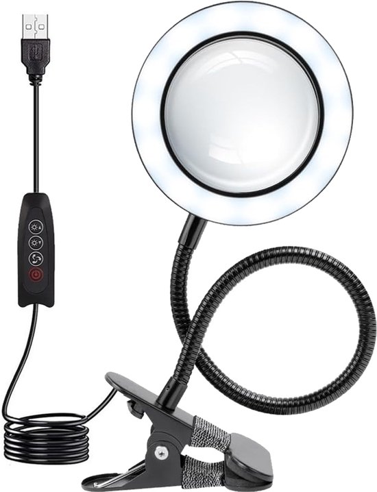 TRANSNECT® - Loeplamp met LED Verlichting - 10x Vergroting - Dimbaar - USB Aansluiting - met Metalen Tafelklem - voor Thuis, Kantoor, Slaapkamer, Lezen, Werken, Studeren - Zwart