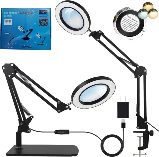 W&Z® Loeplamp met LED Verlichting met Tafelklem en standaard - Loep Vergrootglas - 72 LEDs - 10x Vergroting -Zwart