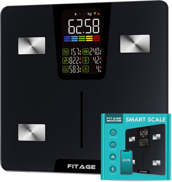 FITAGE LED Weegschaal Personenweegschaal Digitaal - Slimme Weegschaal met 17x Lichaamsanalyse - Weegschalen - FITAGE App
