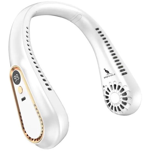 San Vitale® - Draagbare Nekventilator - Nek Fan - Ventilator - Met LED display - 5 Standen - Draadloos & Oplaadbaar - Incl. USB Kabeltje - Verkoeling - Wit