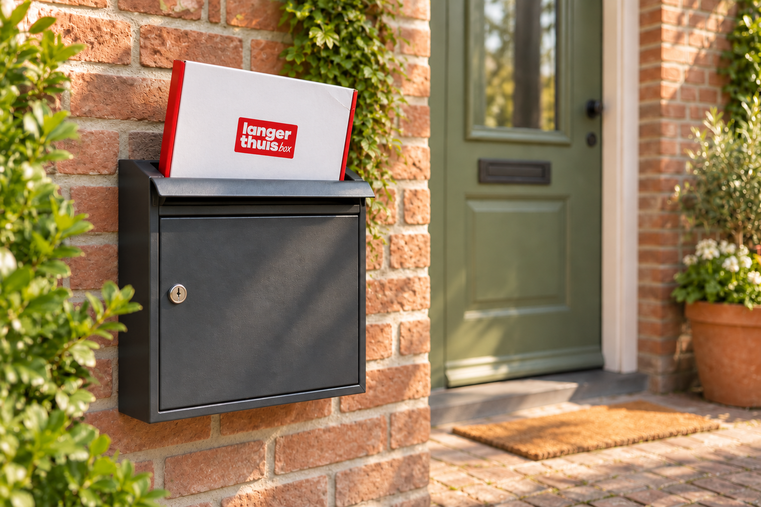 De Langer Thuis Box met zichtbaar logo in een brievenbus naast de voordeur