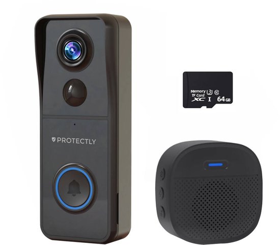 Protectly® Slimme Draadloze Video Deurbel Met Camera - 4K Ultra HD - Geen abonnement - Deurbellen Met Camera - Deurbel Draadloos WiFi - Waterdicht - Incl. Gong (T-ring geluid) - Incl. 64GB SD