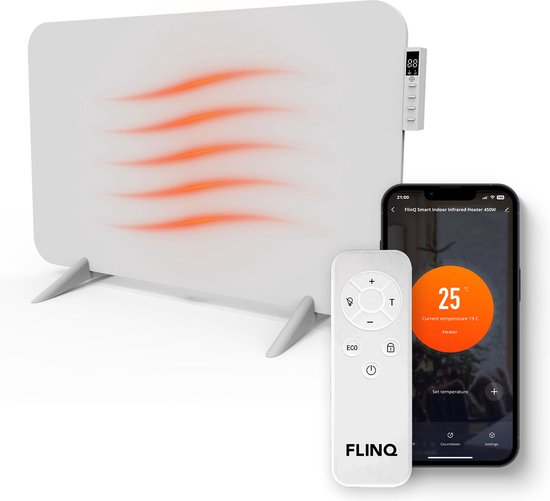 FlinQ 450W Slimme Infrarood Verwarming - Elektrische Verwarmingspaneel - Moderne Kachel - Geschikt voor Badkamer - Staand & Verplaatsbaar - Met Thermostaat - Wit Paneel