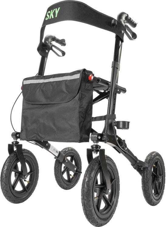 Sky Air Zwart - Lichtgewicht Outdoor rollator met grote luchtbanden - Dubbel opvouwbaar - Met stokhouder, tas en rugband
