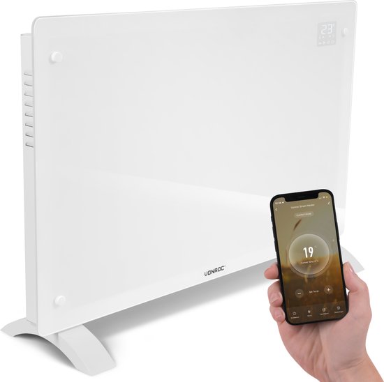 VONROC Luxe elektrische kachel - Convectorkachel met glazen paneel – 1000W/2000W - Verwarmt ruimtes tot 24m2 - Bediening zowel met app (via Wifi) als handmatig – Instelbare thermostaat en timer - Wit