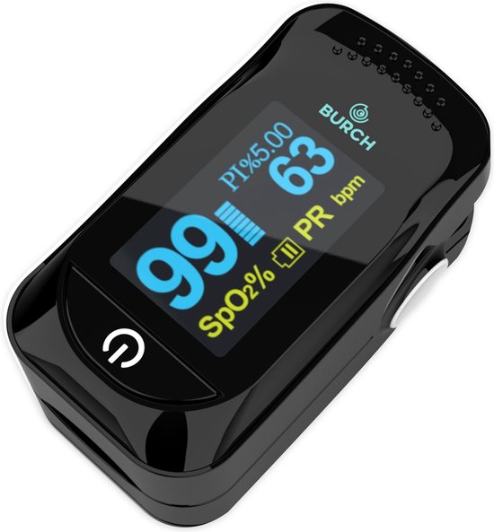BURCH Med® - Pro Saturatiemeter zuurstofmeter vinger - Saturatiemeter best getest- Saturatiemeters - Oximeter Hartslagmeter- ZWART - CE/FAGG - NL EN FR - Koord + Batt + Tasje