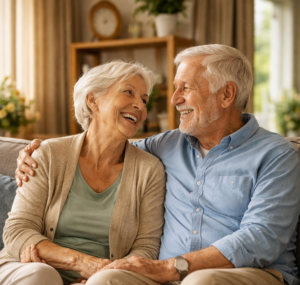 AOW-leeftijd omhoog voor ouderen, stel op bank lachend