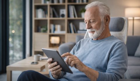 Geldzaken AOW man met tablet