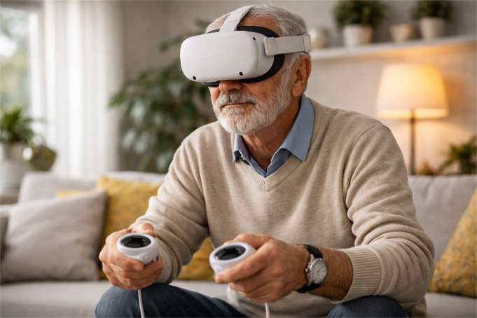 Gaming met VR headset voor ouderen