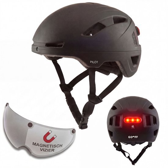 GOOFF® Pilot 3-in-1 Snorfiets Helm met Verlichting en Vizier - Speed Pedelec Fietshelm voor Volwassenen - NTA 8776 - Snorscooter Helm met LED Licht - Goedgekeurd voor Blauw Kenteken en E Bike - Dames en Heren - L - Matzwart