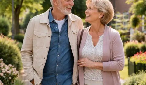 Ouder stel loopt gezellig buiten, zon en groen