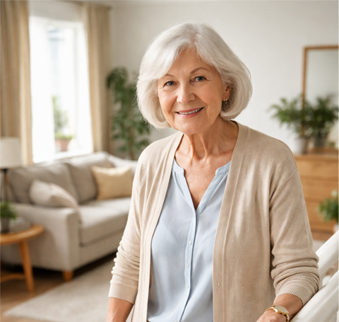 oudere dame in woonkamer