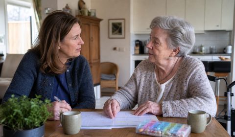 Mantelzorger bespreekt praktische eerste stappen met oudere naaste