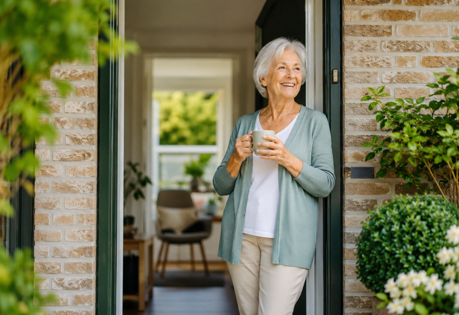 vrouw buiten met koffie bij voordeur