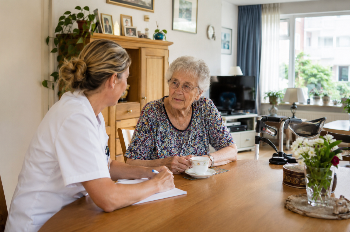Oudere mevrouw aan tafel met mantelzorger