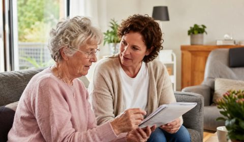 Moeder en dochter bespreken mantelzorg aan tafel