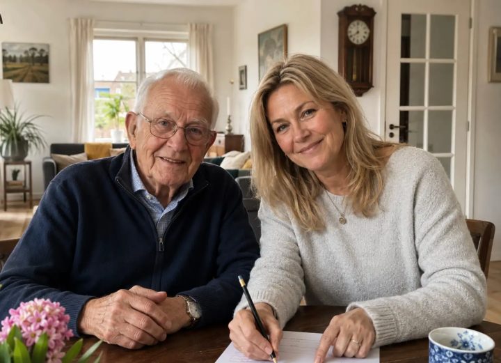 Vader en dochter vullen formulier in voor mantelzorg