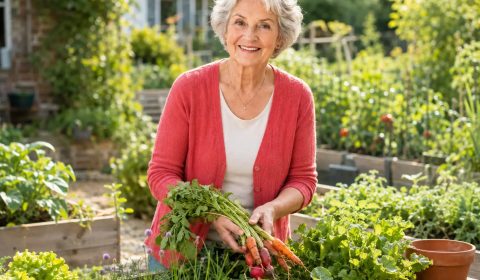 Vrouw in moestuin met wortels