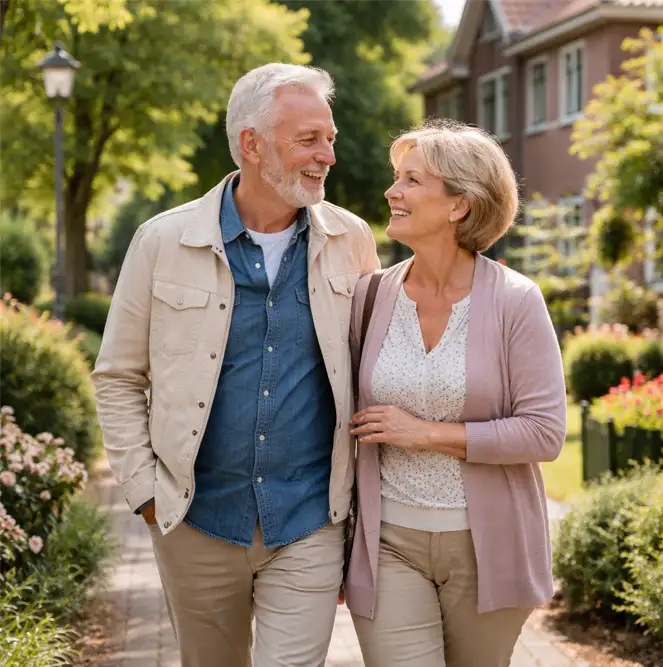 Ouder stel loopt gezellig buiten, zon en groen
