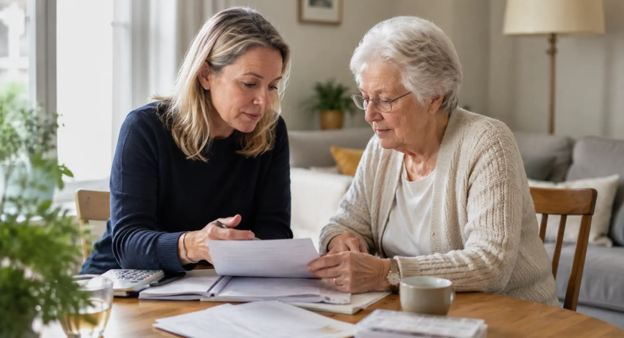 Mantelzorg regelen vrouw met moeder aan tafel
