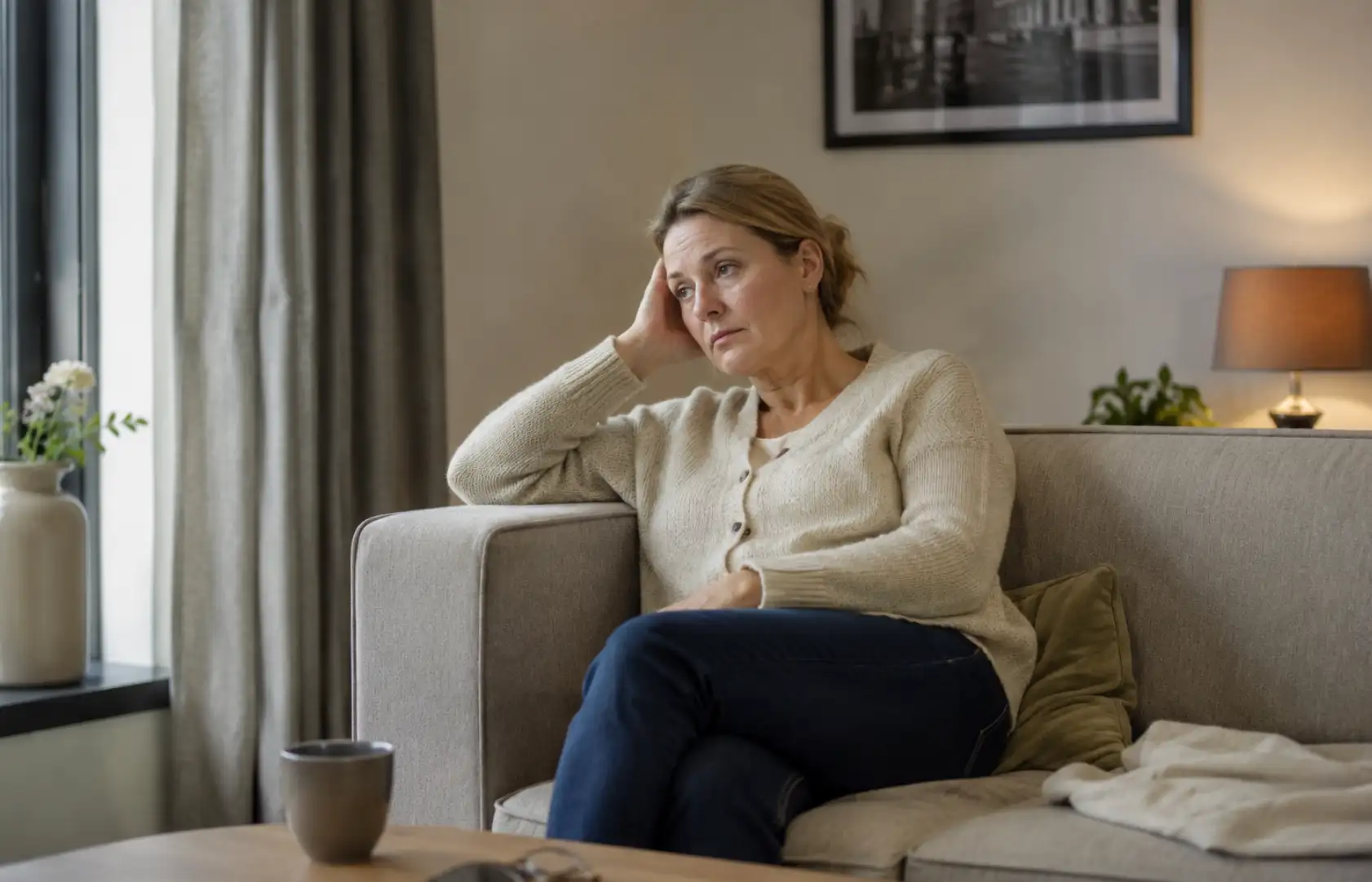 Vrouw moe op de bank overbelast door mantelzorg