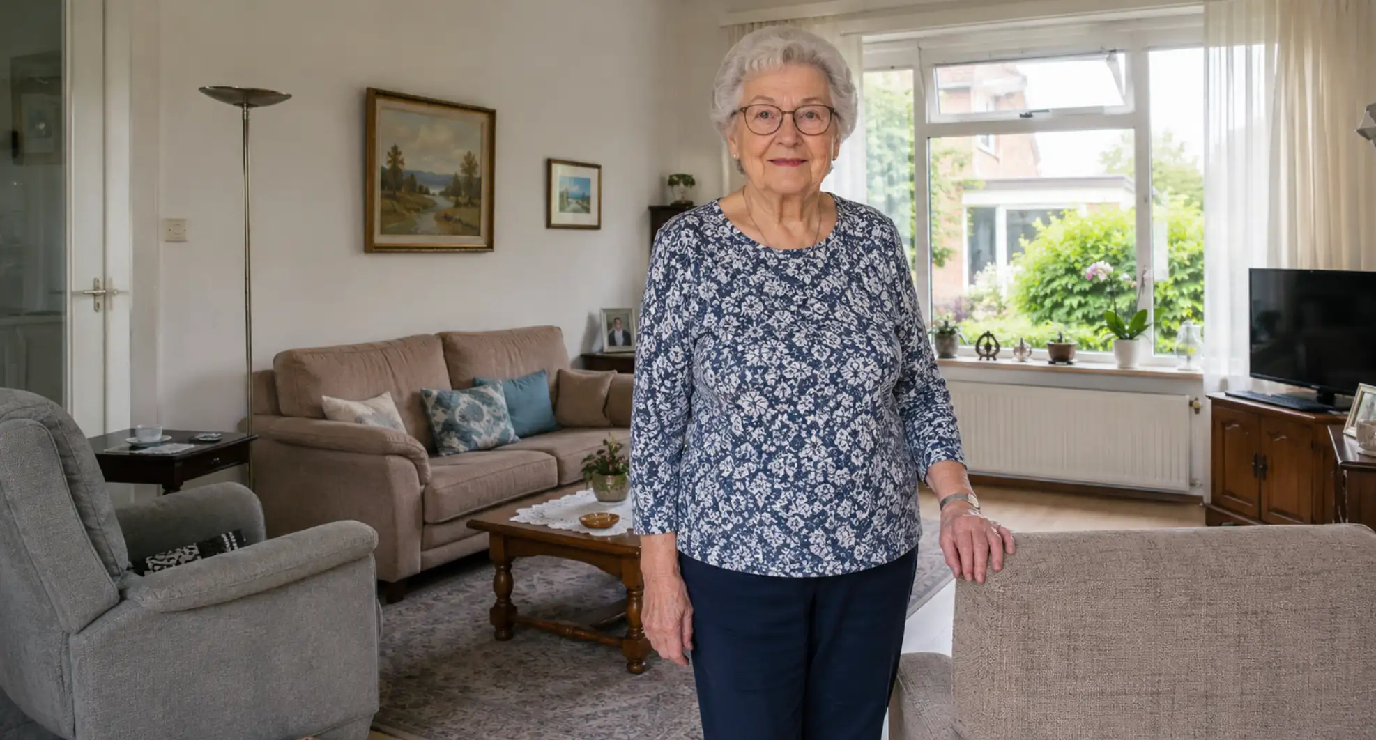 Oudere vrouw in woonkamer