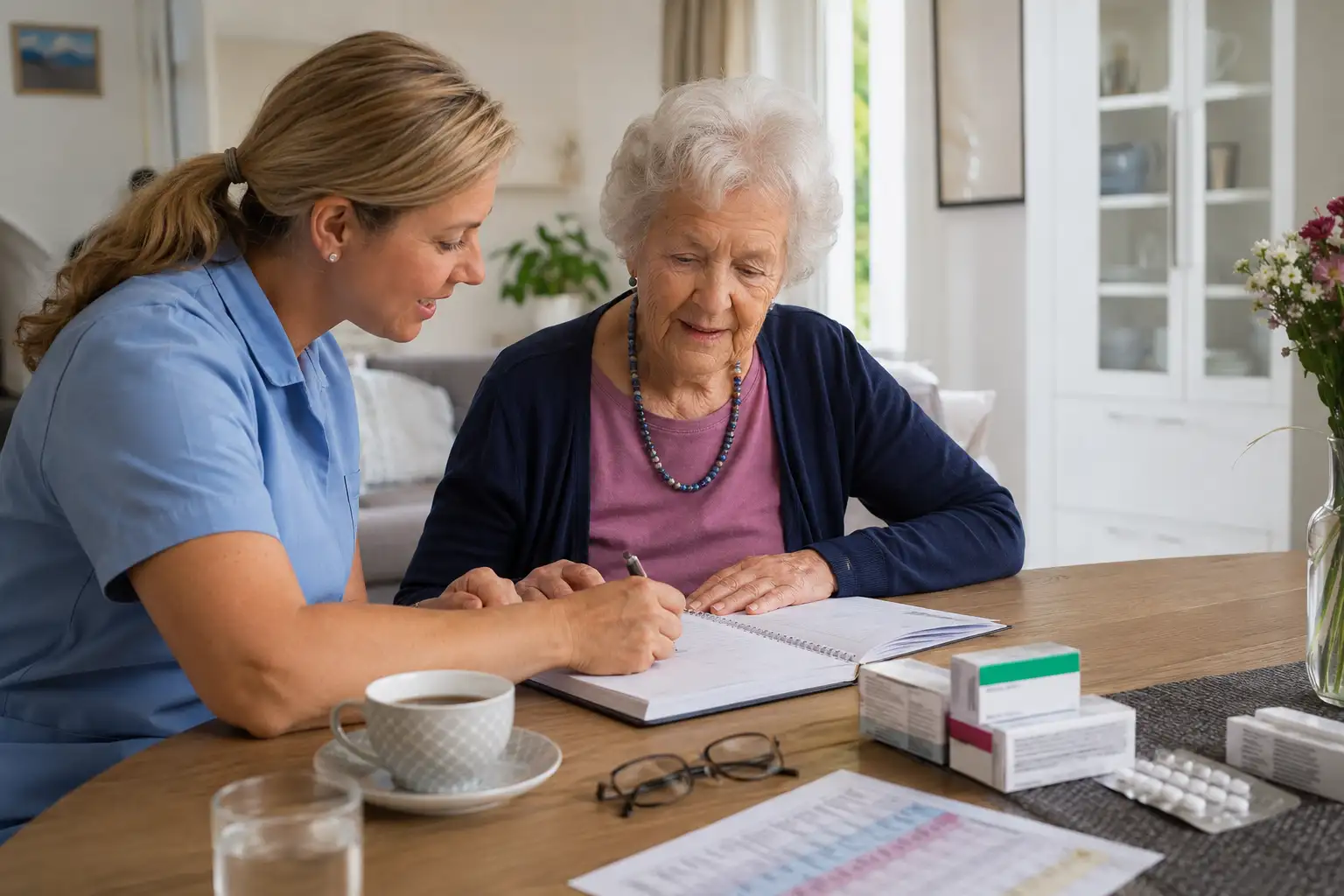 Oudere vrouw met mantelzorger die samen medicijnen schema invullen