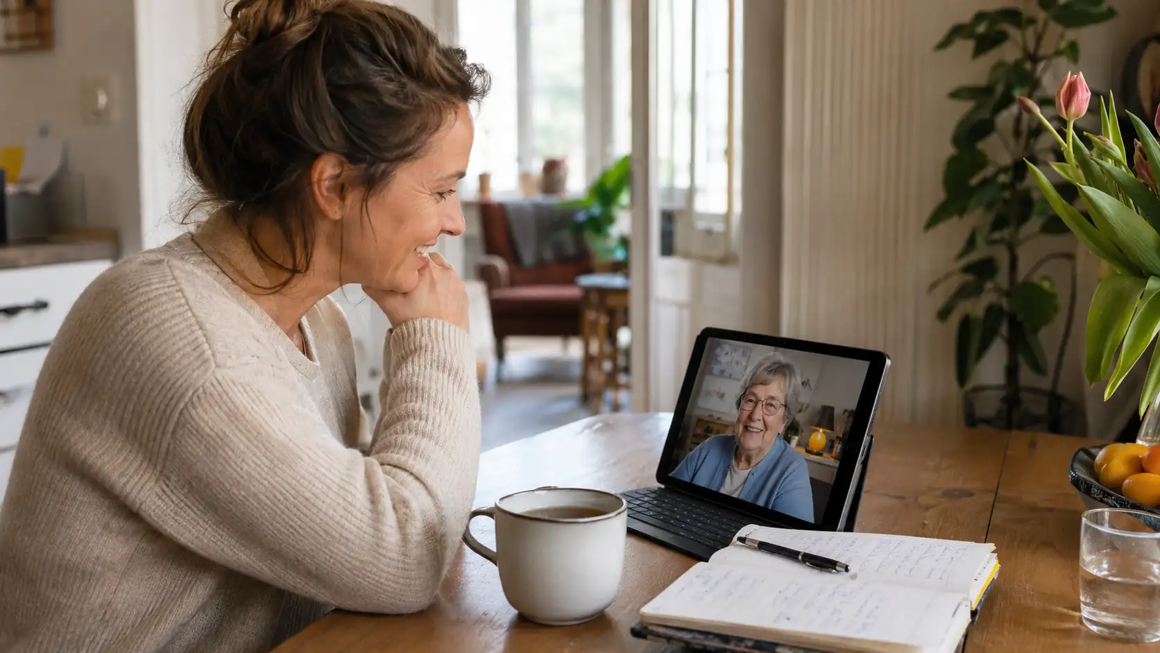 moeder en dochter hebben een video call om in te checken, mantelzorg op afstand