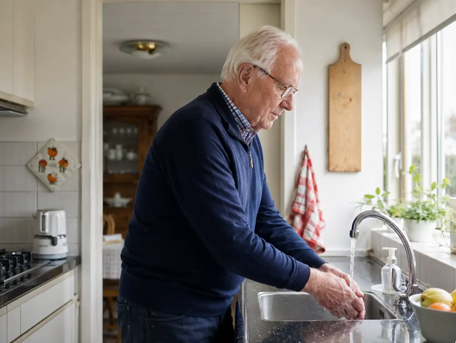 Handen wassen oudere man in keuken