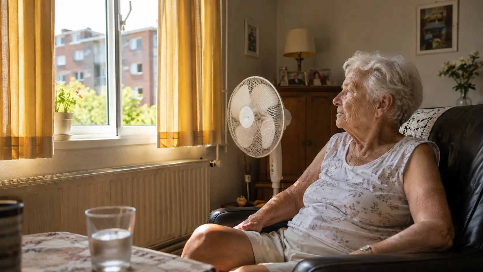 Binnen hitte vrouw in woonkamer met ventilator en water