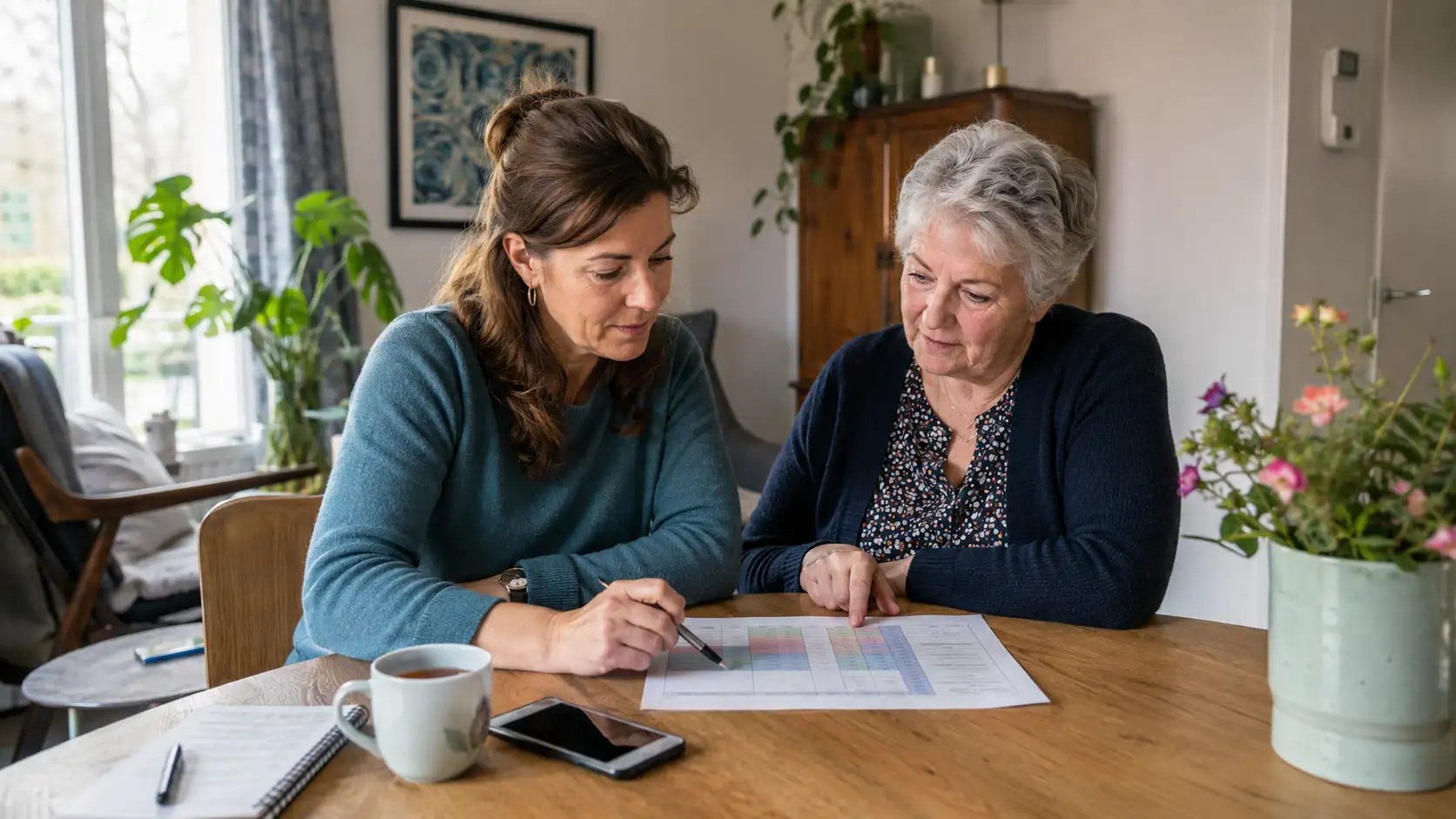 Moeder en dochter bekijken scheme voor mantelzorg en werk