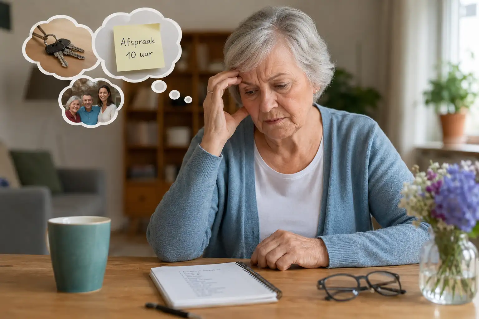Vrouw aan tafel die aan dingen denkt die ze niet moet vergeten
