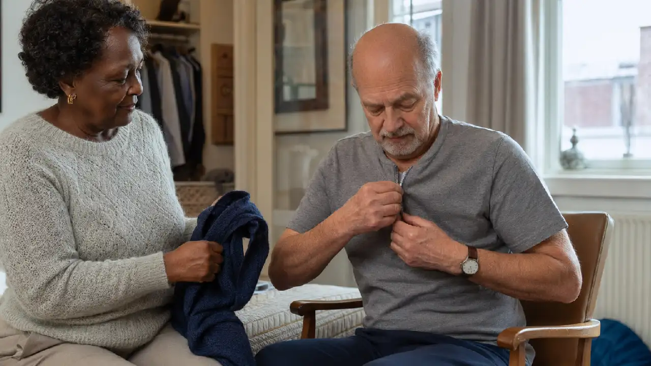 oudere man en vrouw die kleren aan doen