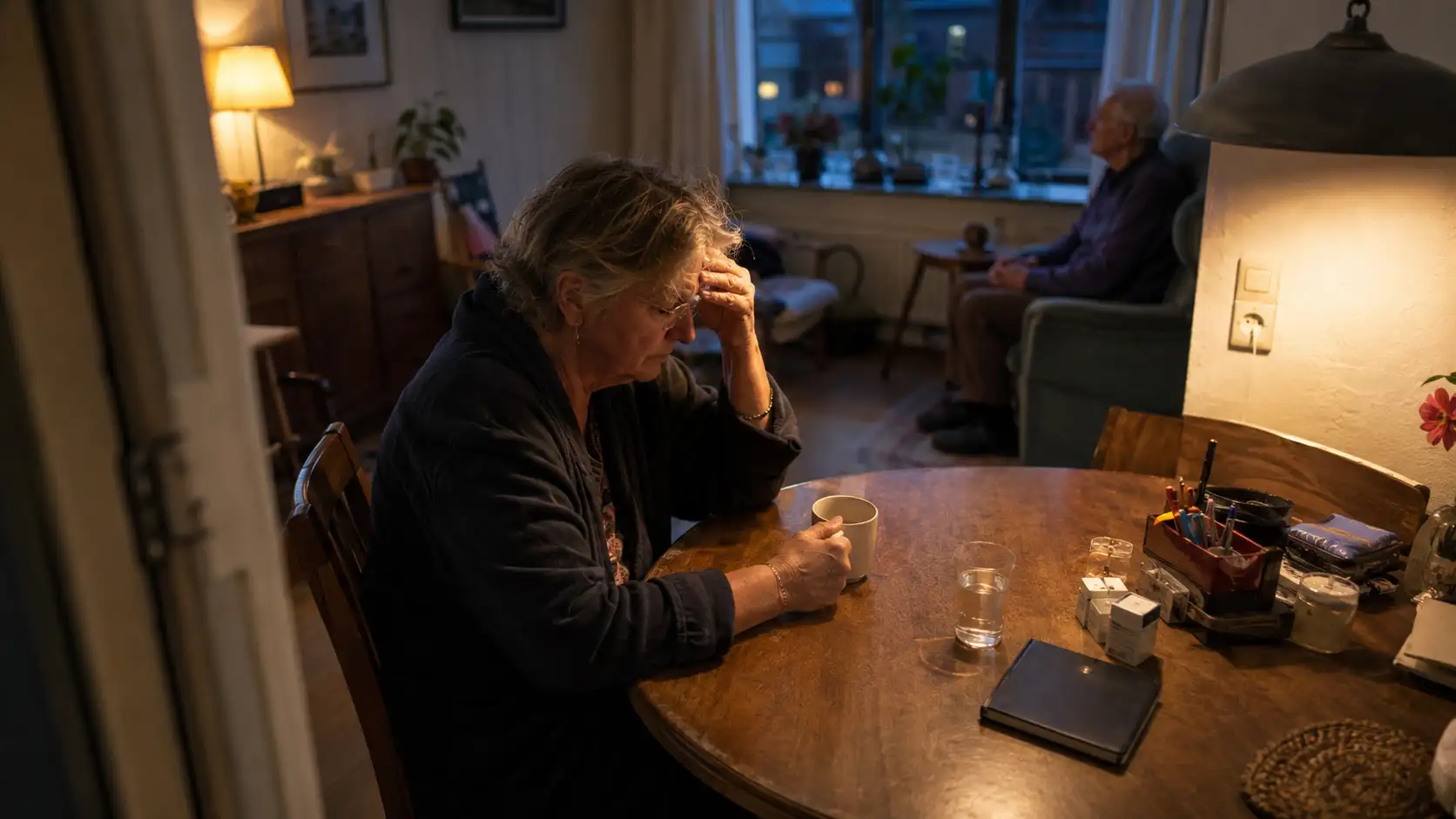Mantelzorger aan tafel piekert over man met dementie
