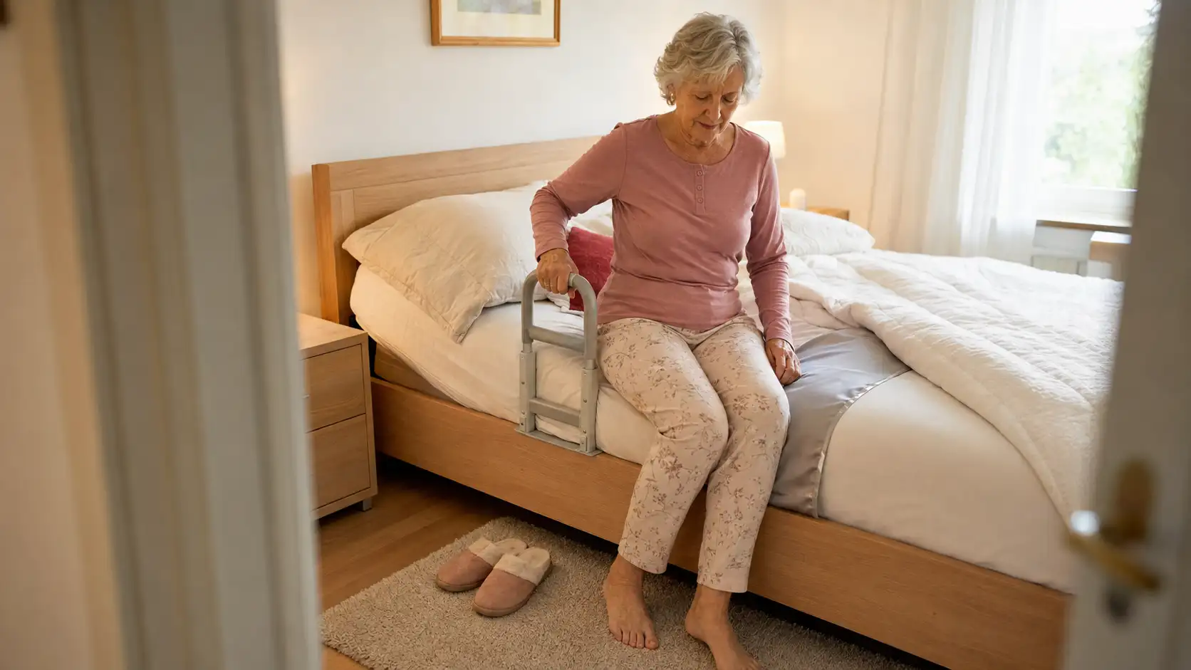 Mevrouw die in de ochtend uit bed komt met hulpmiddel