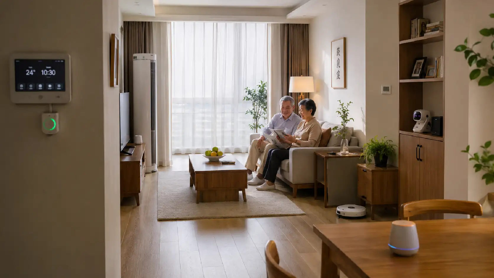 2 oudere personen in China met innovative hulpmiddelen in woonkamer