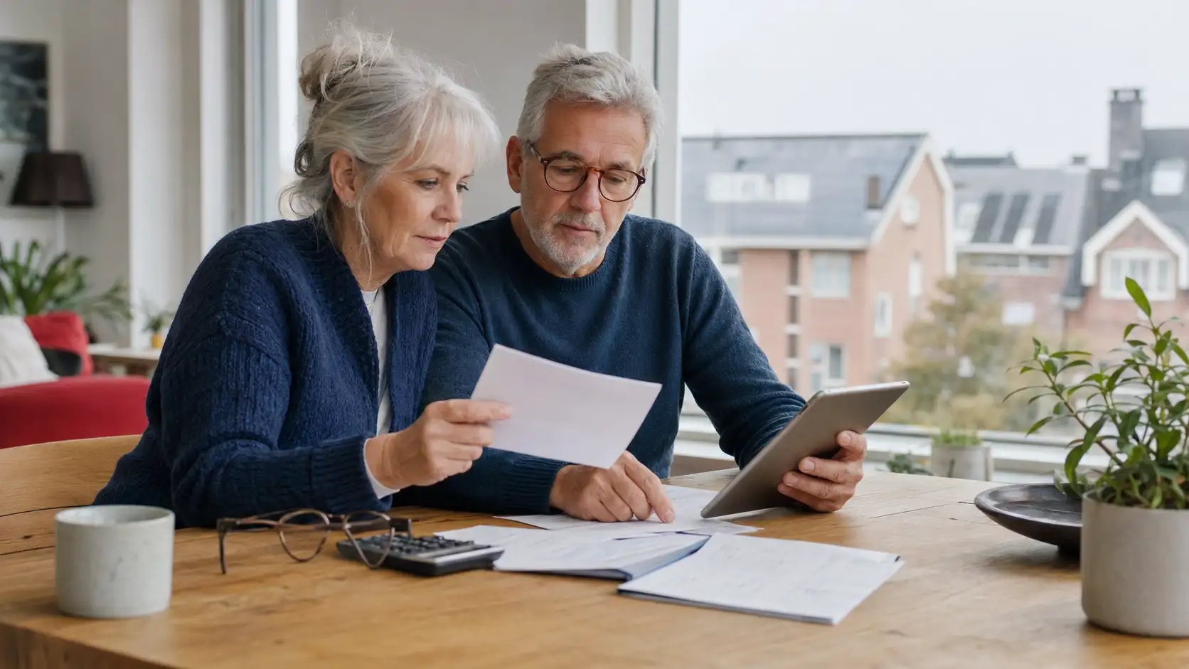 man en vrouw aan tafel die pensioen doornemen