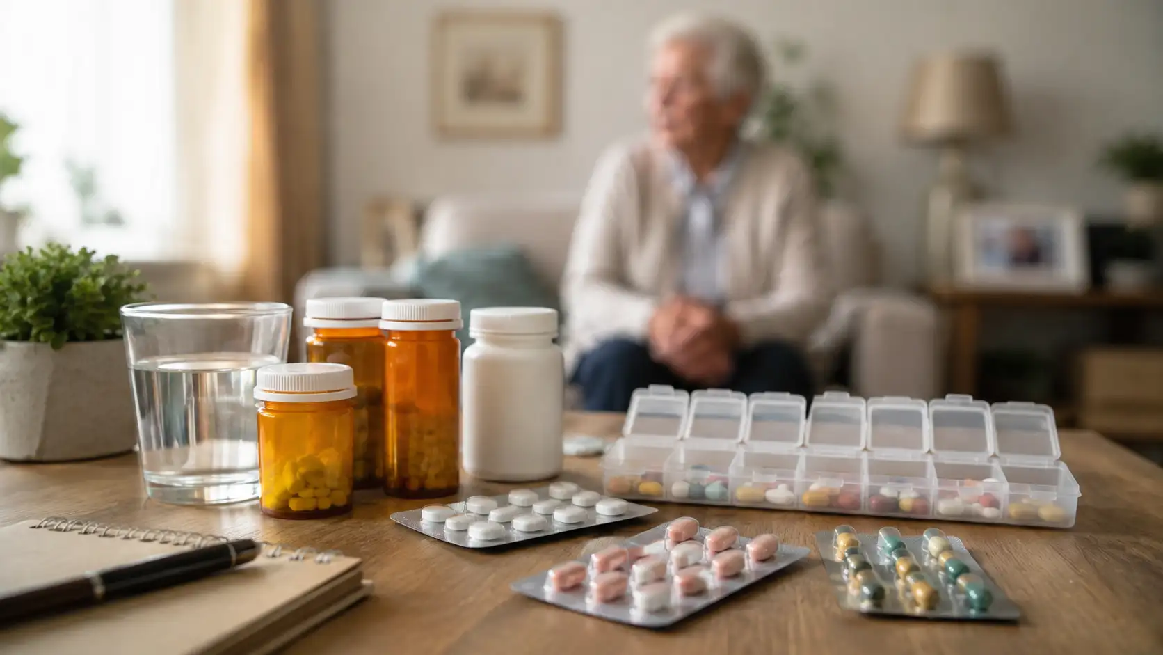 medicijnen doosjes met op de achtergrond een oudere persoon